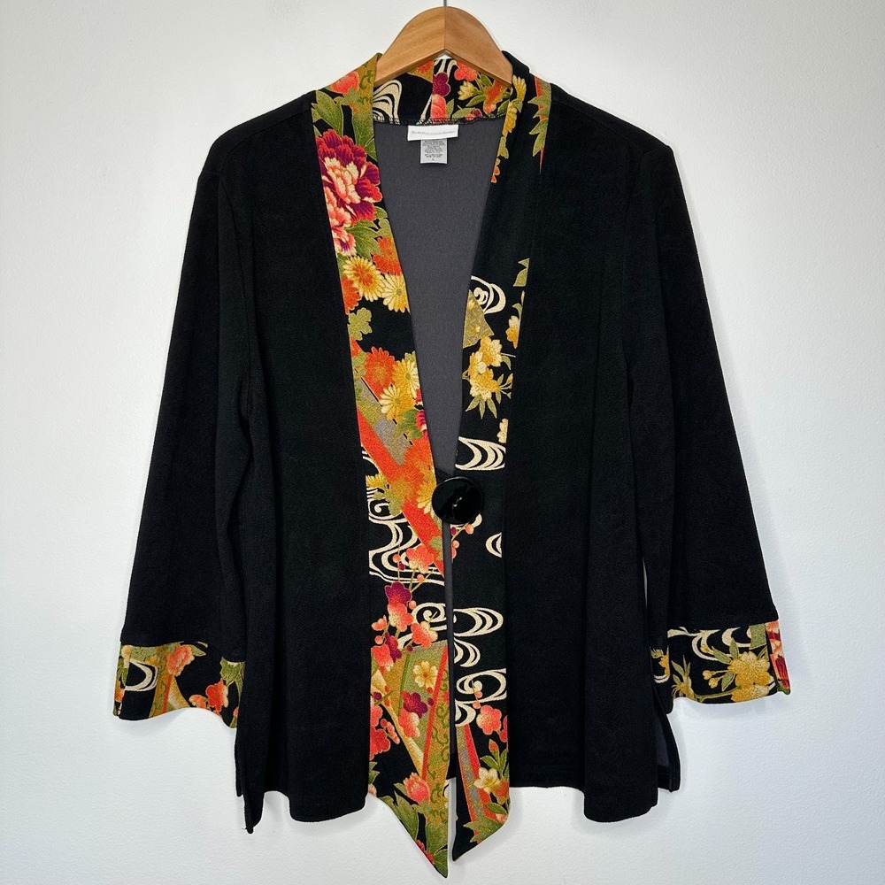 Soft Surroundings Jacket Size L‎ Black Floral Single Button Asian Inspired